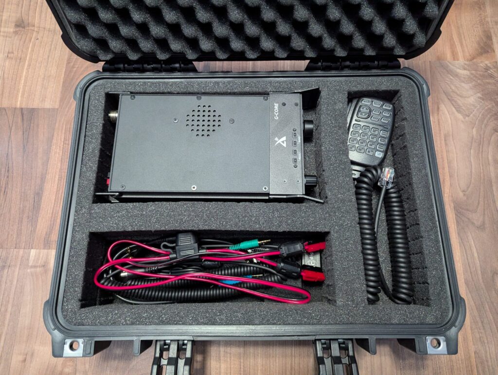 Xiegu G90 portable HF radio and accessories packed inside an Apache 3800 hard case