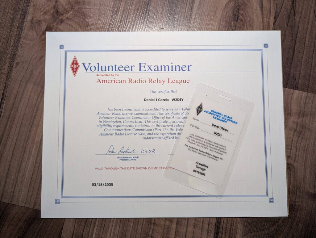 ARRL Volunteer Examiner certificate and VE ID card for Daniel W2DIY