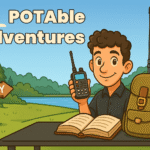 Cartoon of a ham radio operator outdoors with a backpack, logbook, and handheld radio, representing portable ham radio adventures and POTA activations