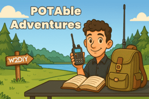 Cartoon of a ham radio operator outdoors with a backpack, logbook, and handheld radio, representing portable ham radio adventures and POTA activations