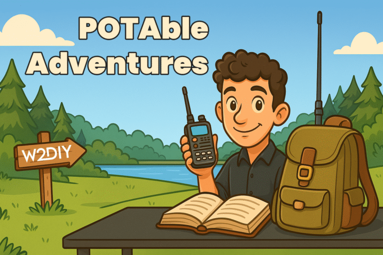 Cartoon of a ham radio operator outdoors with a backpack, logbook, and handheld radio, representing portable ham radio adventures and POTA activations