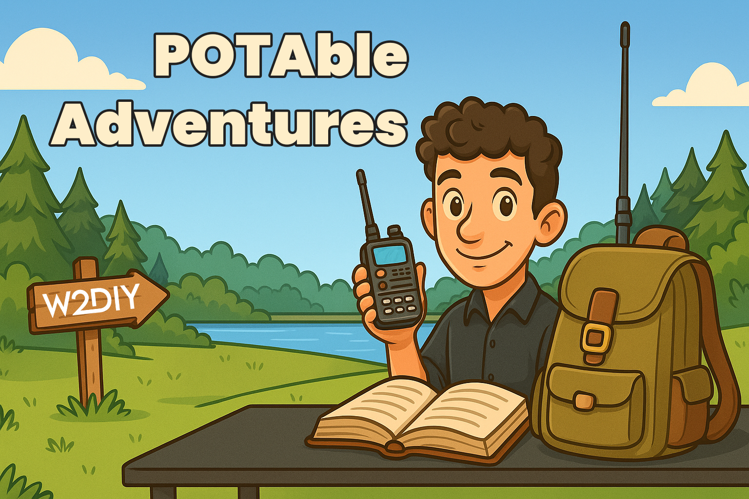 Cartoon of a ham radio operator outdoors with a backpack, logbook, and handheld radio, representing portable ham radio adventures and POTA activations